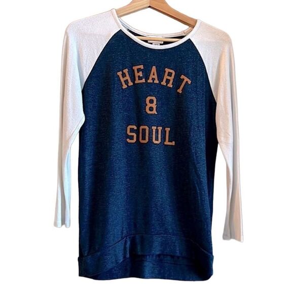 🌴 Blue/Cream Old Navy "Heart and Soul" Baseball Long-Sleeve Tee XL/12-14+ - Picture 1 of 10
